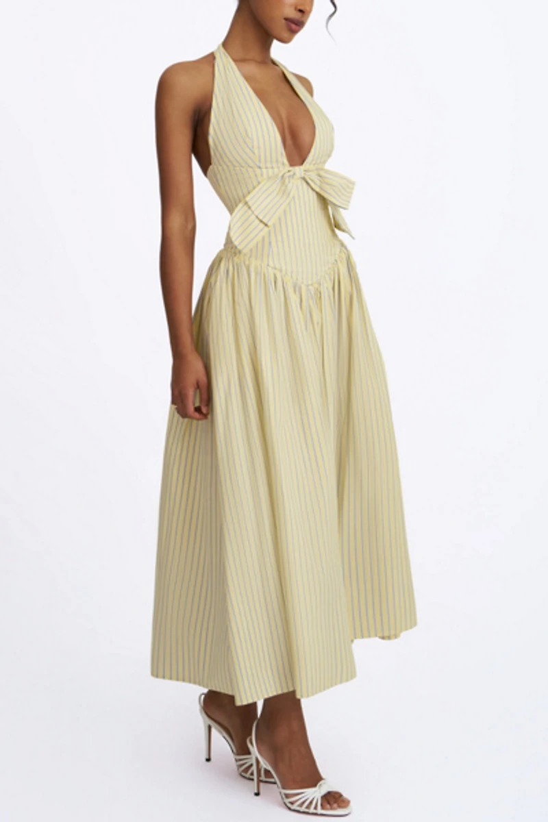 Miss Circle Talise Cotton Poplin Stripe Plunging Halter Maxi Dress