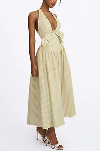 Miss Circle Talise Cotton Poplin Stripe Plunging Halter Maxi Dress