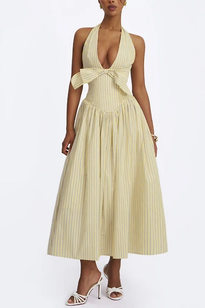 Miss Circle Talise Cotton Poplin Stripe Plunging Halter Maxi Dress