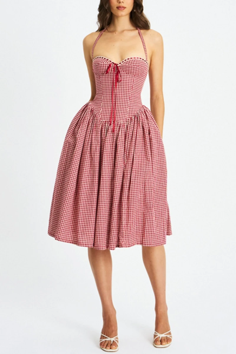 Miss Circle Susanna Cotton Gingham Drop Waist Midi Dress