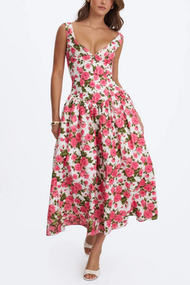 Miss Circle Wilfreda Floral Linen Sweetheart Midi Dress