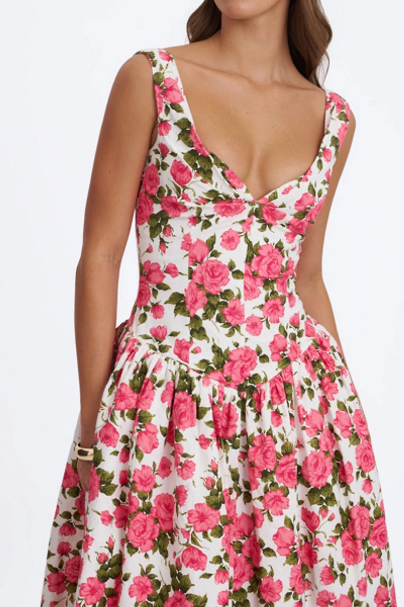 Miss Circle Wilfreda Floral Linen Sweetheart Midi Dress