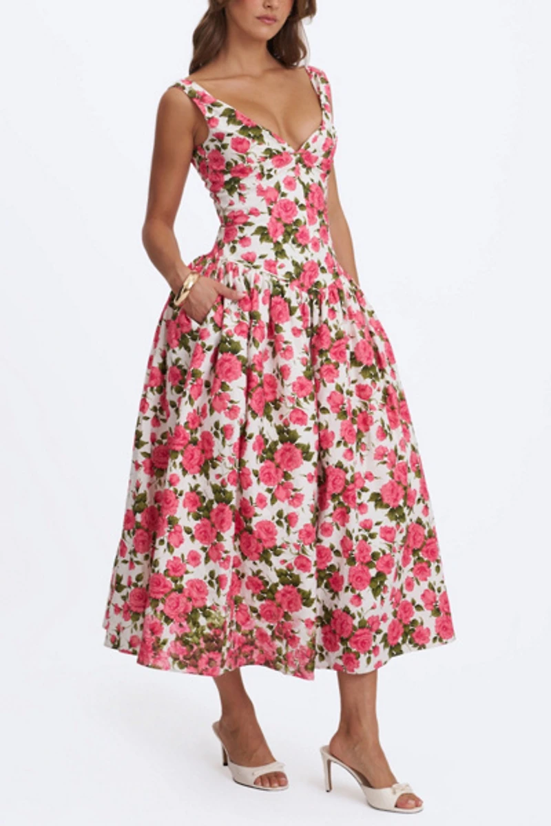 Miss Circle Wilfreda Floral Linen Sweetheart Midi Dress