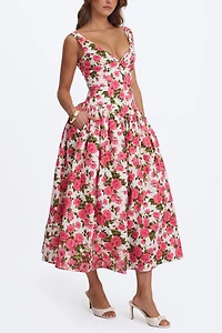 Miss Circle Wilfreda Floral Linen Sweetheart Midi Dress