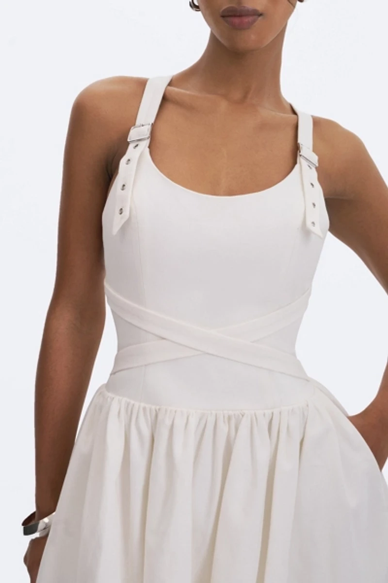Miss Circle Francine Cotton Denim Crossover Strap Mini Dress