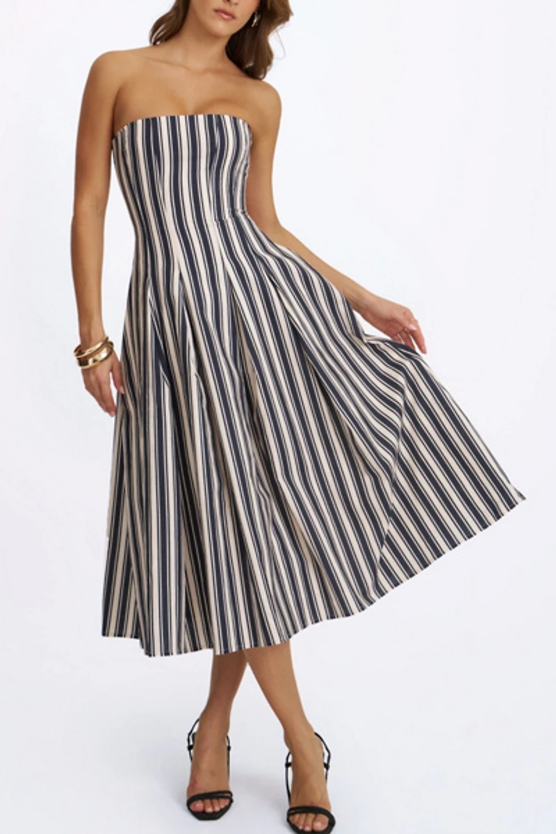 Miss Circle Wyanne Linen Striped Strapless Midi Dress