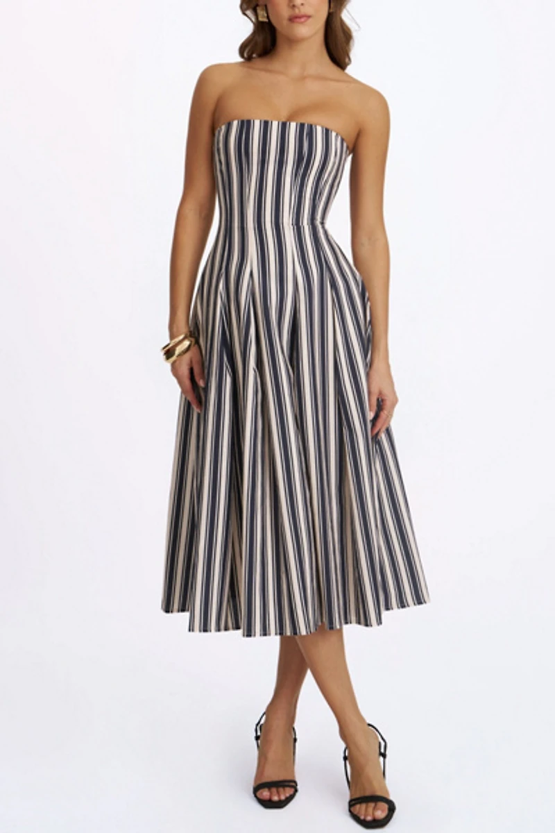 Miss Circle Wyanne Linen Striped Strapless Midi Dress