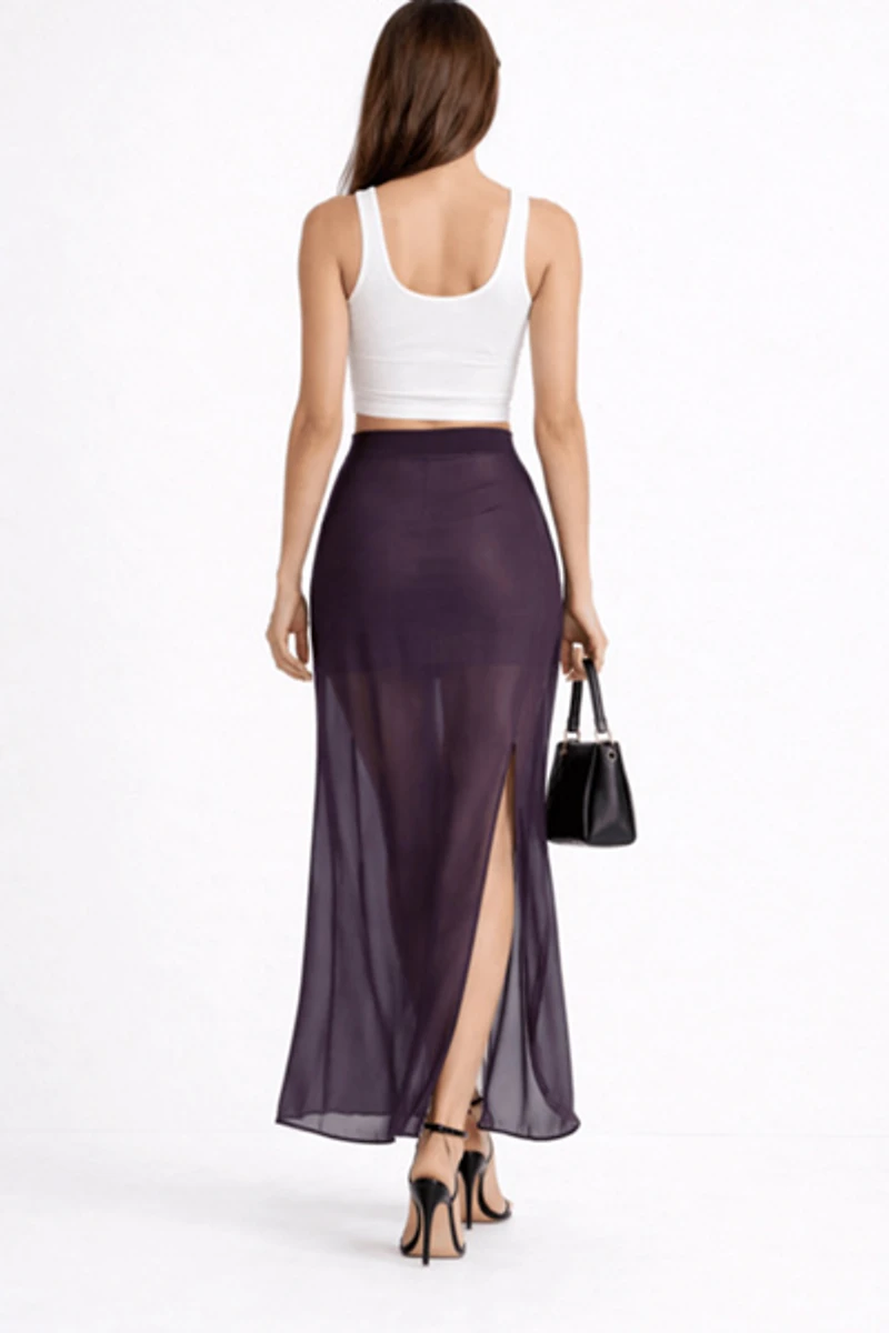 LECHERY® Lustrous Sheer High-waisted Maxi Skirt With Side Slit