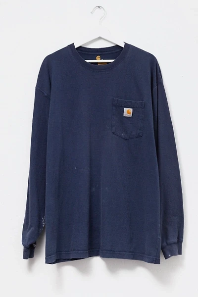 Vintage Y2K Distressed Carhartt Long Sleeve Pocket T-Shirt Navy Blue