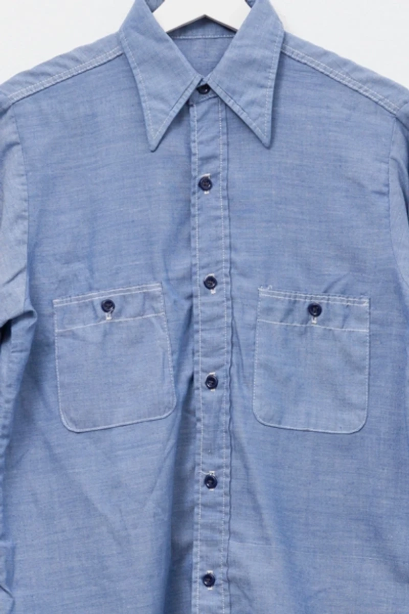 Vintage 1960s Blue Chambray Sheer Button Up Shirt Made in USA