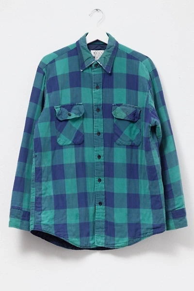 Vintage 1990s Distressed Green Blue Plaid Quilt Lined Button Up Work Shirt