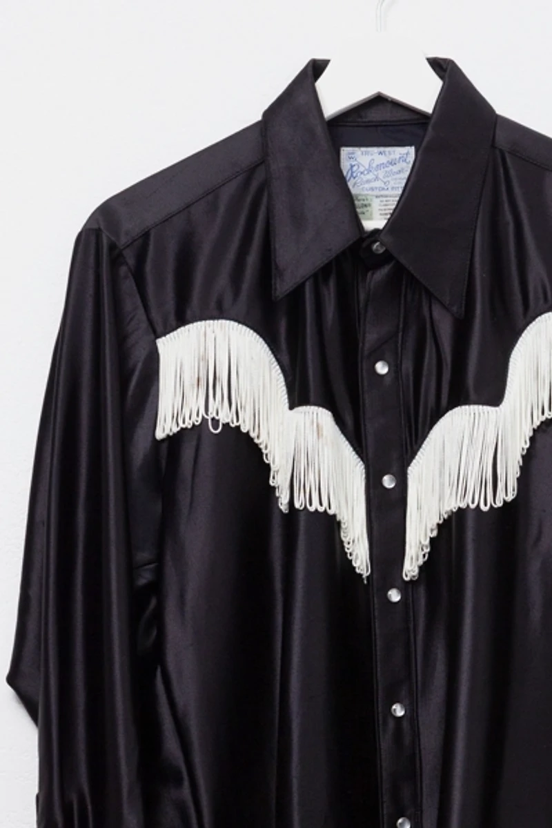 Vintage 1970s Pearl Snap Button Black Satin Long Sleeve Cowboy Shirt