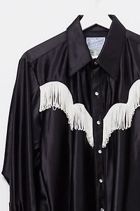 Vintage 1970s Pearl Snap Button Black Satin Long Sleeve Cowboy Shirt