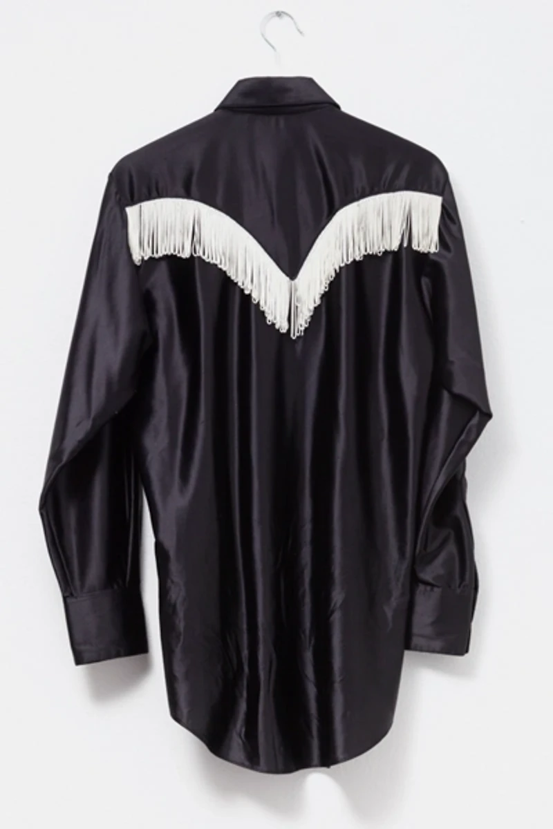 Vintage 1970s Pearl Snap Button Black Satin Long Sleeve Cowboy Shirt