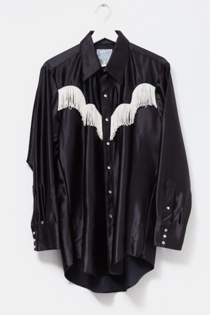 Vintage 1970s Pearl Snap Button Black Satin Long Sleeve Cowboy Shirt