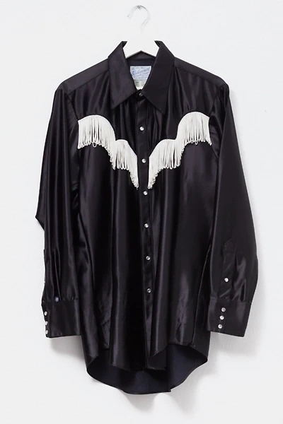 Vintage 1970s Pearl Snap Button Black Satin Long Sleeve Cowboy Shirt