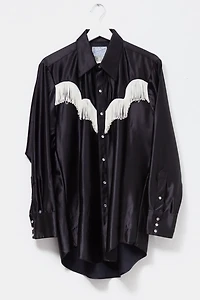 Vintage 1970s Pearl Snap Button Black Satin Long Sleeve Cowboy Shirt