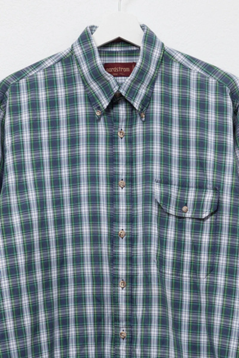 Vintage 1980s Green & Blue Check Light Weight Button Up Shirt