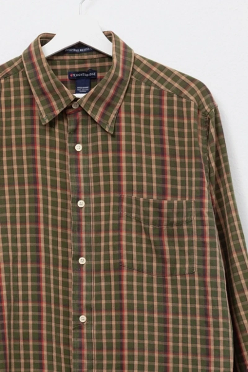 Vintage 1990s Distressed Cotton Green & Brown Plaid Button Up Shirt