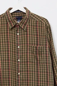Vintage 1990s Distressed Cotton Green & Brown Plaid Button Up Shirt