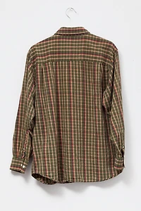 Vintage 1990s Distressed Cotton Green & Brown Plaid Button Up Shirt