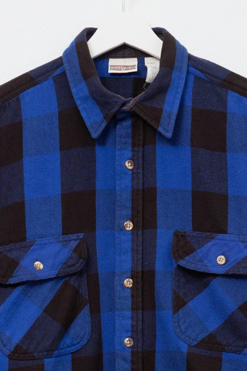 Vintage 1990s Distressed Blue & Black Plaid Cotton Button Up Shirt