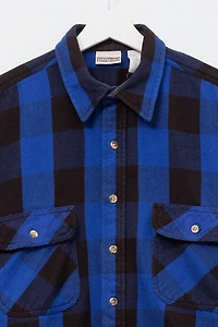 Vintage 1990s Distressed Blue & Black Plaid Cotton Button Up Shirt