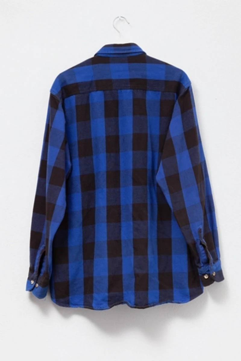 Vintage 1990s Distressed Blue & Black Plaid Cotton Button Up Shirt