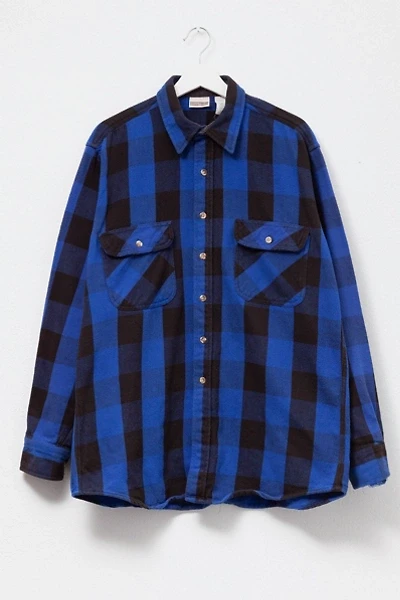 Vintage 1990s Distressed Blue & Black Plaid Cotton Button Up Shirt
