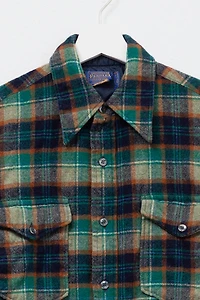Vintage 1980s Distressed Pendleton Blue Green Plaid Wool Button Up Shirt