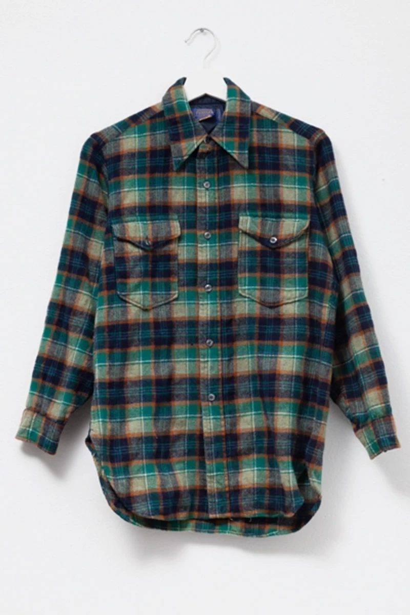 Vintage 1980s Distressed Pendleton Blue Green Plaid Wool Button Up Shirt