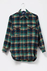 Vintage 1980s Distressed Pendleton Blue Green Plaid Wool Button Up Shirt