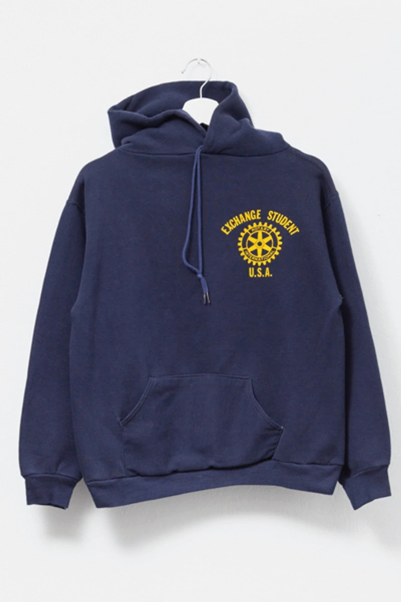 Vintage 1980s Russell Athletic Exchange Student Graphic Hoodie Sweatshirt Made in USA