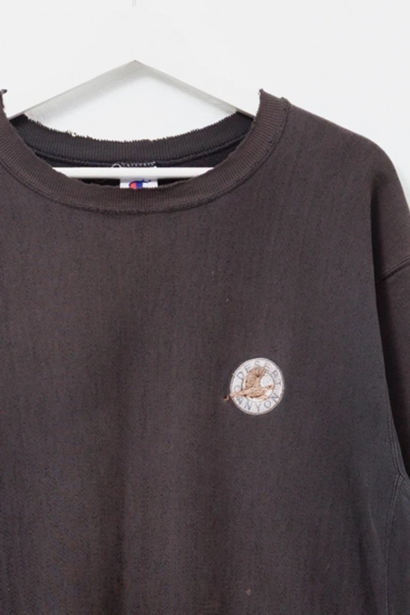 Vintage 1990s Distressed Champion Reverse Weave Black Embroidered Crewneck Sweatshirt