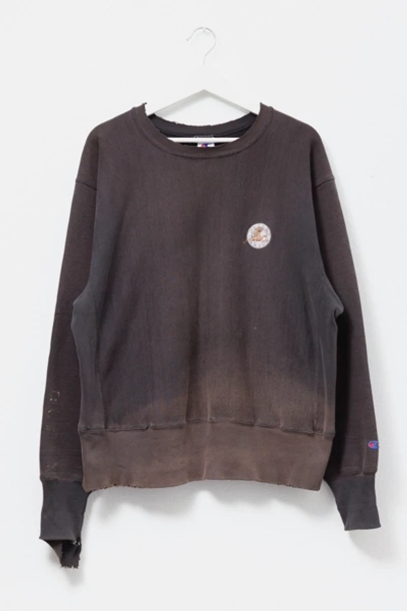 Vintage 1990s Distressed Champion Reverse Weave Black Embroidered Crewneck Sweatshirt