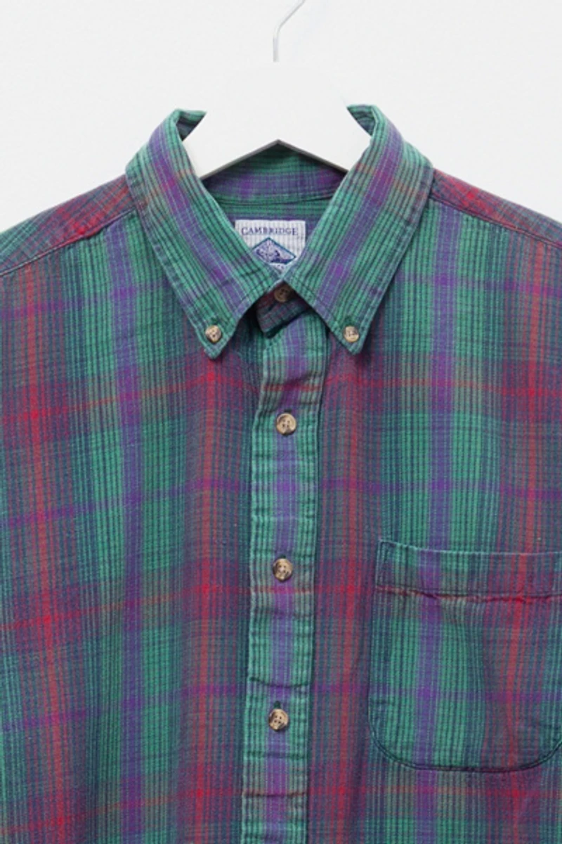 Vintage 1990s Distressed Green & Purple Plaid Cotton Button Up Shirt