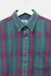 Vintage 1990s Distressed Green & Purple Plaid Cotton Button Up Shirt