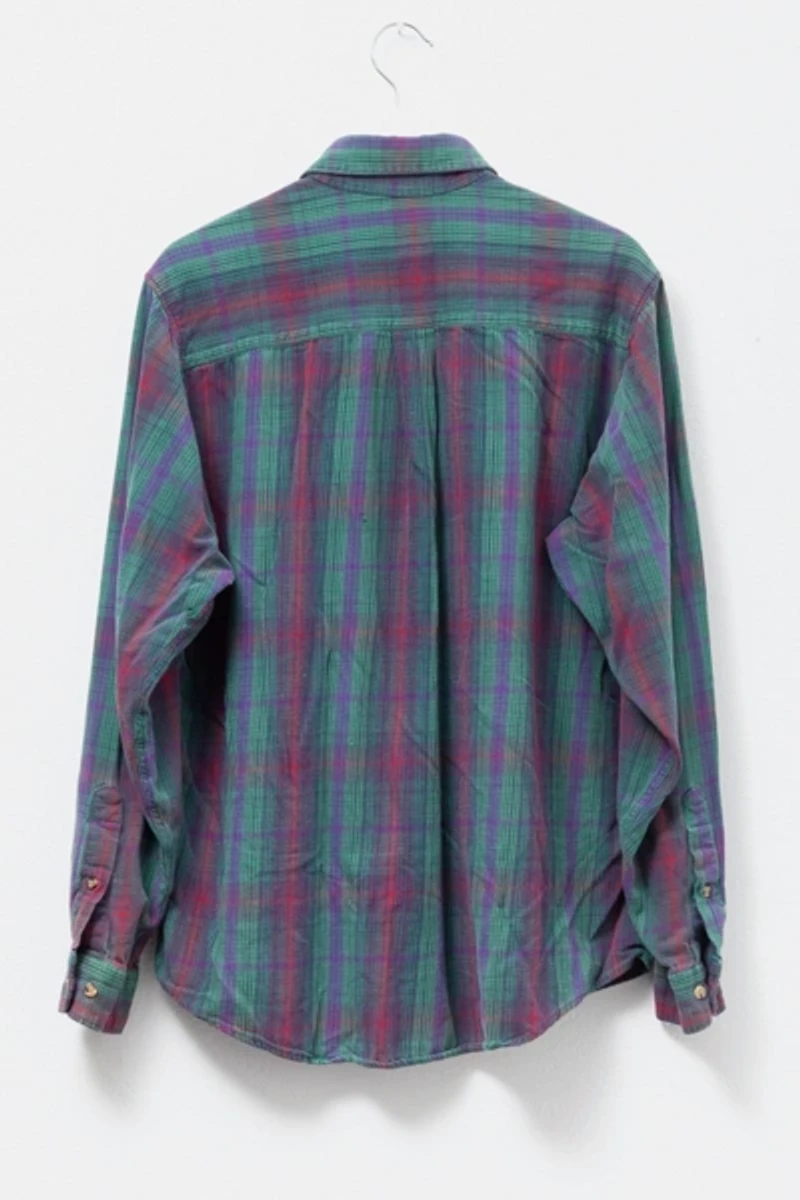 Vintage 1990s Distressed Green & Purple Plaid Cotton Button Up Shirt