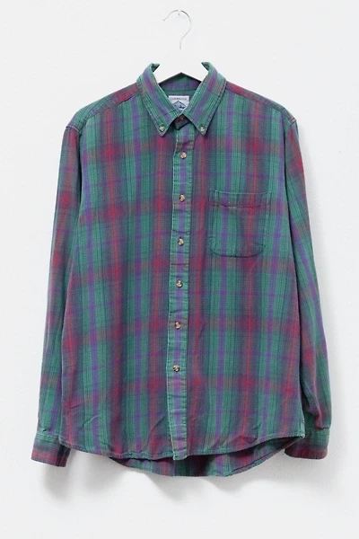 Vintage 1990s Distressed Green & Purple Plaid Cotton Button Up Shirt