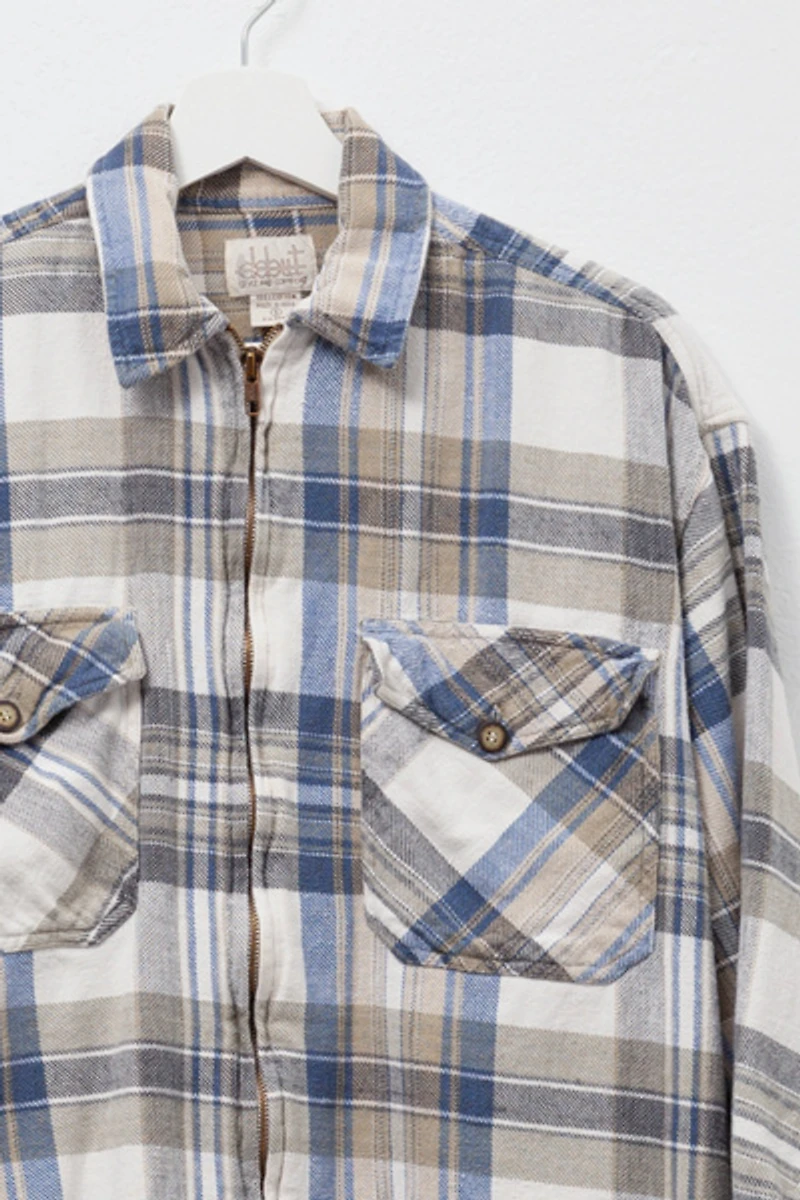 Vintage 1990s Distressed Plaid Cotton Zipper Shirt Blue and Tan