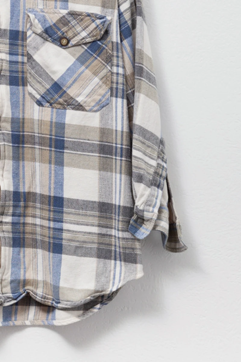 Vintage 1990s Distressed Plaid Cotton Zipper Shirt Blue and Tan
