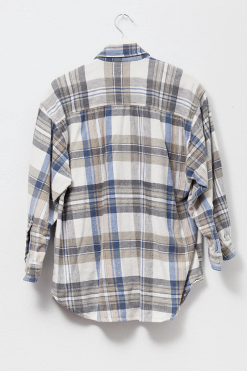 Vintage 1990s Distressed Plaid Cotton Zipper Shirt Blue and Tan