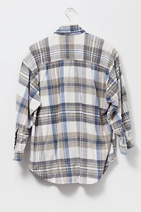 Vintage 1990s Distressed Plaid Cotton Zipper Shirt Blue and Tan