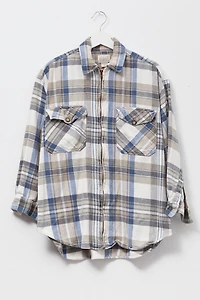 Vintage 1990s Distressed Plaid Cotton Zipper Shirt Blue and Tan
