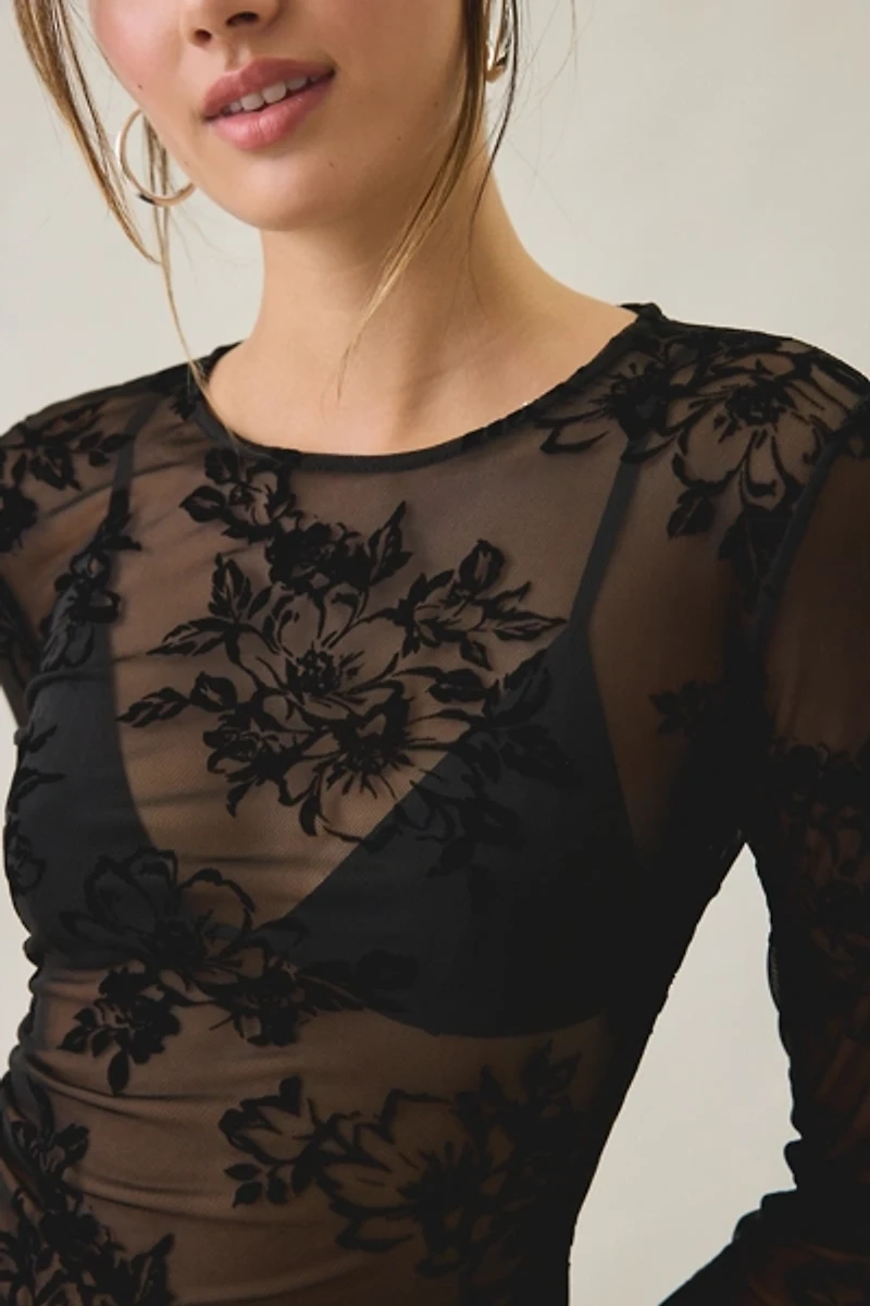 Kimchi Blue Raya Sheer Floral Burnout Mesh Long Sleeve Top
