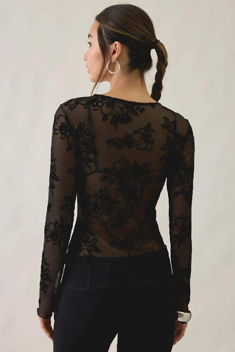 Kimchi Blue Raya Sheer Floral Burnout Mesh Long Sleeve Top