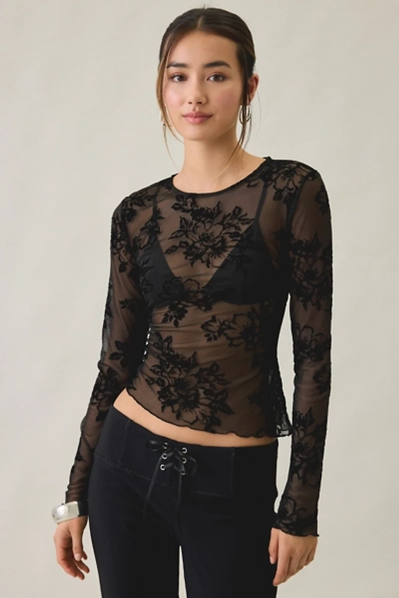 Kimchi Blue Raya Sheer Floral Burnout Mesh Long Sleeve Top
