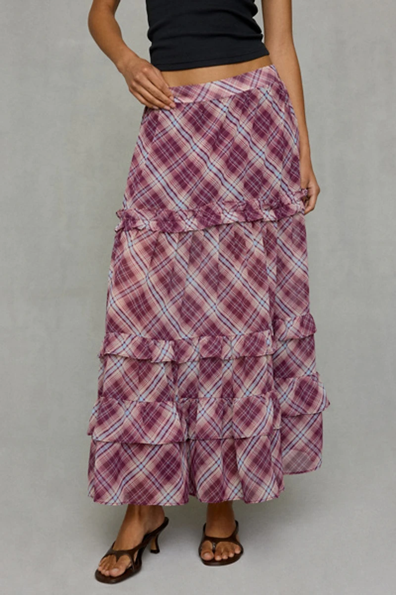 Kimchi Blue Yasmin Plaid Tiered Maxi Skirt