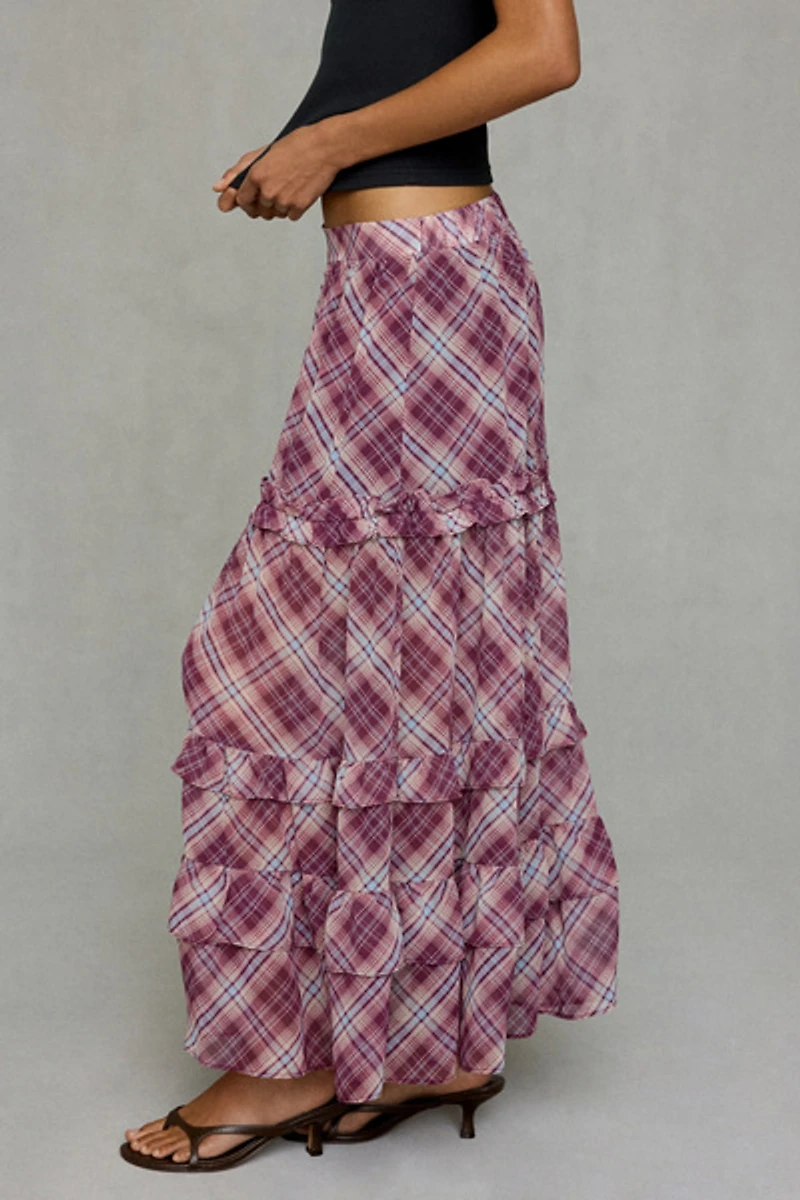 Kimchi Blue Yasmin Plaid Tiered Maxi Skirt