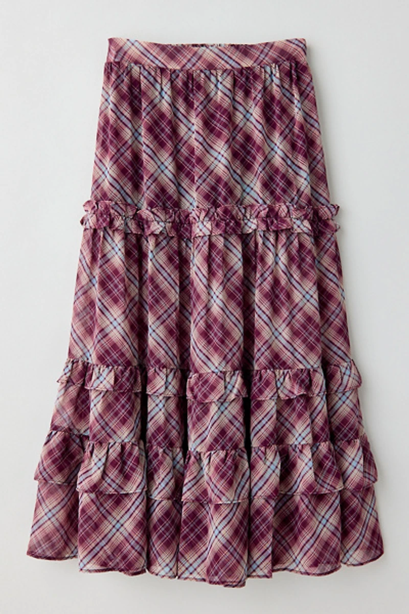 Kimchi Blue Yasmin Plaid Tiered Maxi Skirt